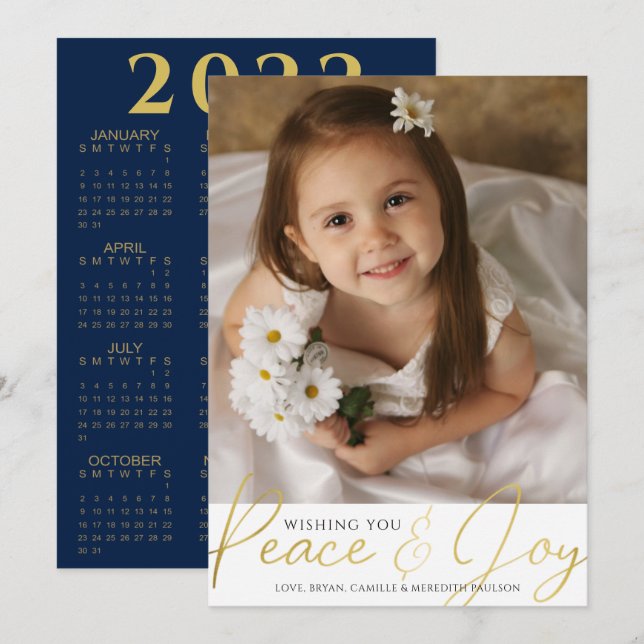 2022 Calendar PEACE AND JOY Guld Script Photo Holi Julkort (Fram/baksida)