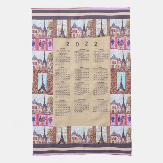 2022 Kalender Paris Eiffel Torn Pointillism Kökshandduk (Vertikal)