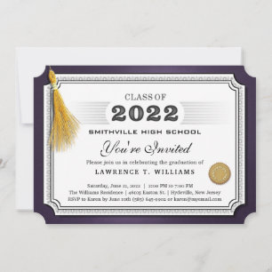 2022 Lila Guld Tassel Diploma Grad Party Inbjudan