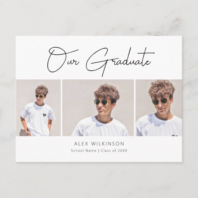 2022 Modern minimalistisk skript 3-foto Studenten Inbjudan Vykort (Framsida)