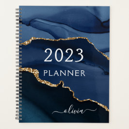 2022 Monogram för marinblått Guld-agate-geodetikum