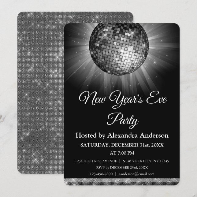 2022 Nyårsafton Party Silver Disco Boll Inbjudningar (Fram/baksida)