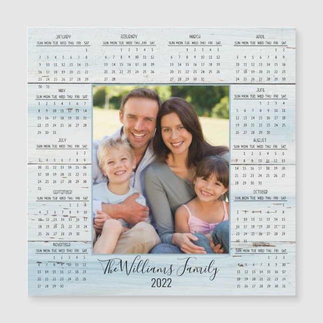 2022 Photo Calendar Blue Rustic Wood Magnet (Framsida)