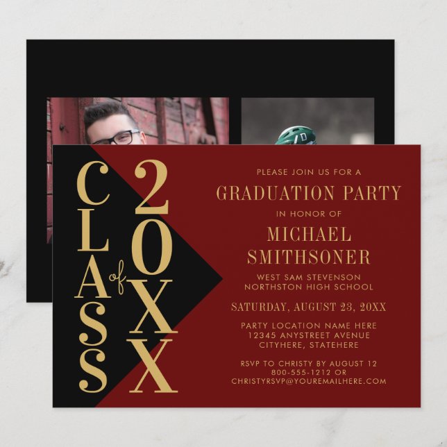 2022 Studenten Black Red Modern Editable Färg Inbjudningar (Fram/baksida)
