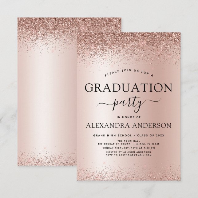 2022 Studentfest Glitter Guld  Rosa Inbjudningar (Fram/baksida)