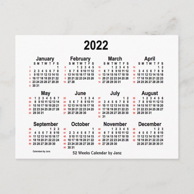 2022 Vit kalender 52 veckor från Janz Vykort (Framsida)
