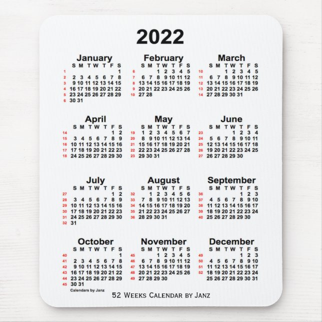 2022 Vit kalender för 52 veckor från Janz Musmatta (Framsidan)
