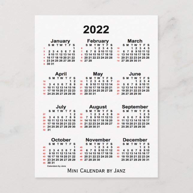 2022 Vit kalender för 52 veckor från Janz Postcard Vykort (Framsida)