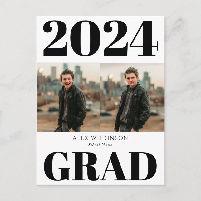 2022Black White Modern Simple Script 2 Photo Grad Inbjudan Vykort (Framsida)