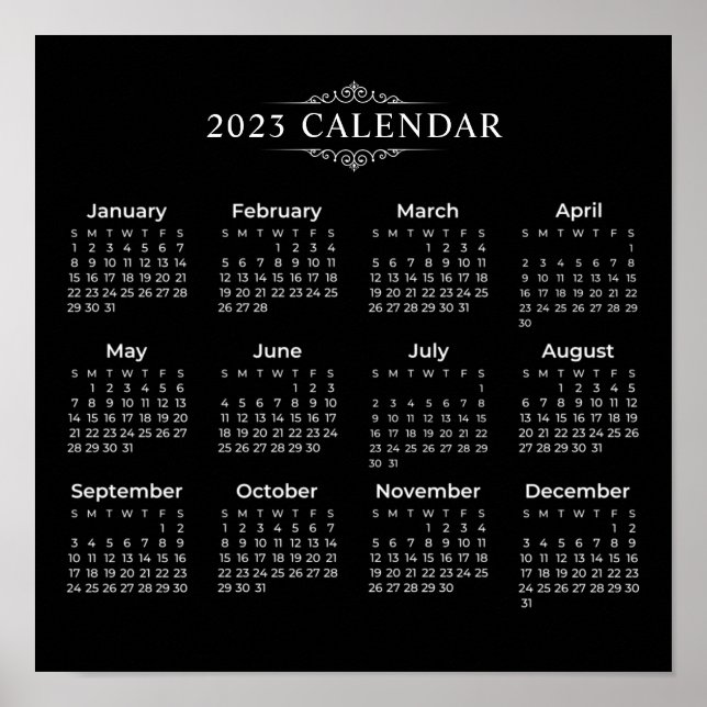 2023 års kalender för enkel Elegant, svart | POSTE Poster (Framsidan)