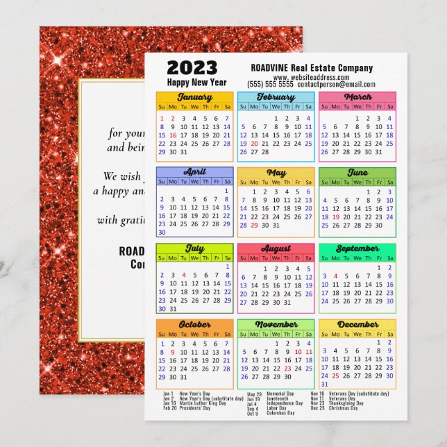 2023 års kalender Red Glitter Modern Business Julkort (Fram/baksida)