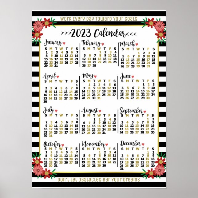 2023 Årskalender Blommiga Ränder | Anpassad text Poster (Framsidan)