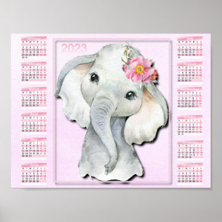 2023 Barnkalender, Akvarell Elefant, Blommor Poster