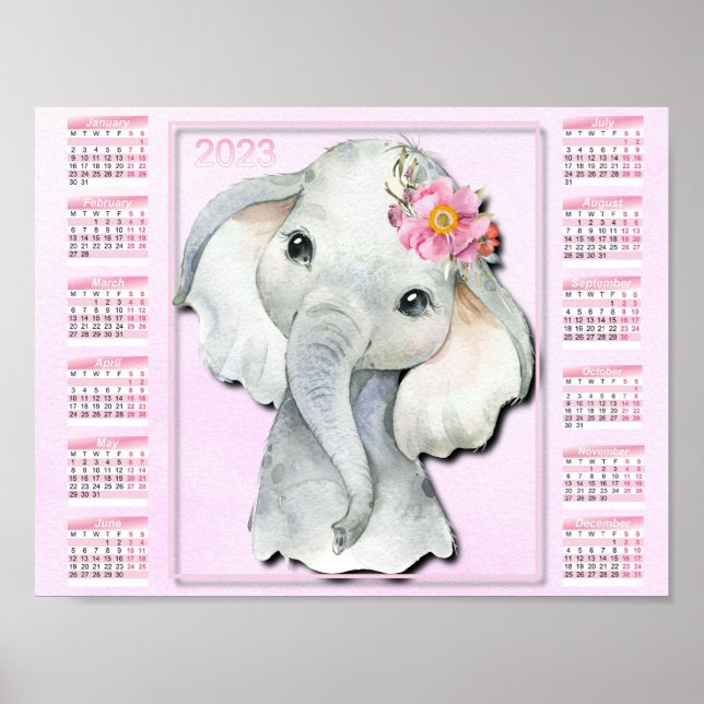 2023 Barnkalender, Akvarell Elefant, Blommor Poster (Framsidan)