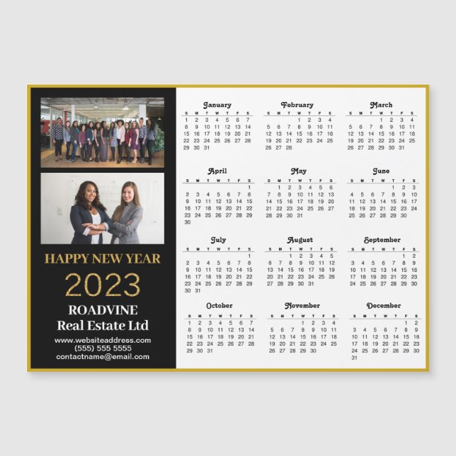 2023 Business 2 Photo Guld Script Calendar Magnet (Framsida)