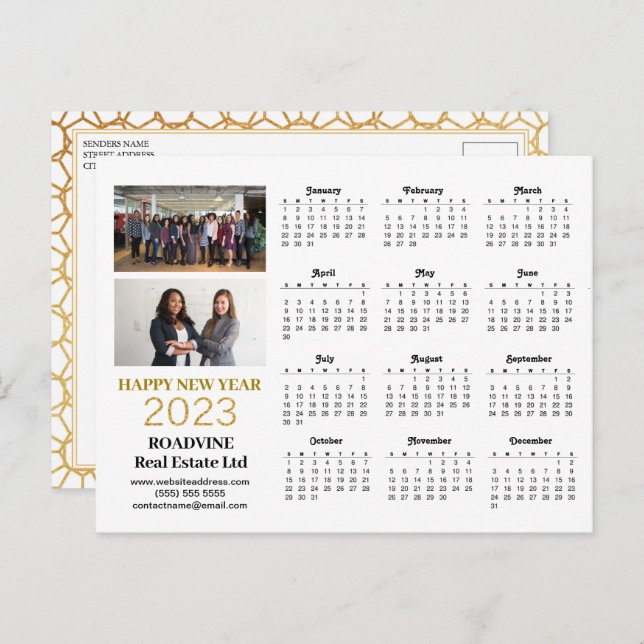 2023 Business Photo Modern Guld Script Calendar Vykort (Fram/baksida)
