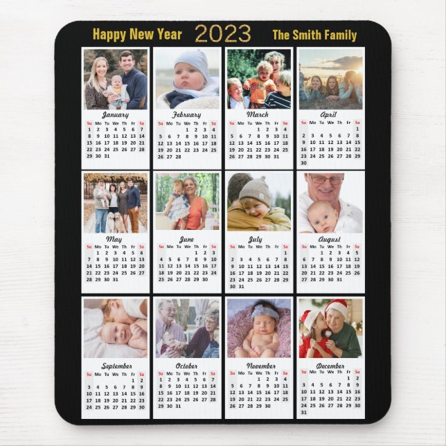 2023 Calendar 12 Family Photo Modern Guld-skript Musmatta (Framsidan)