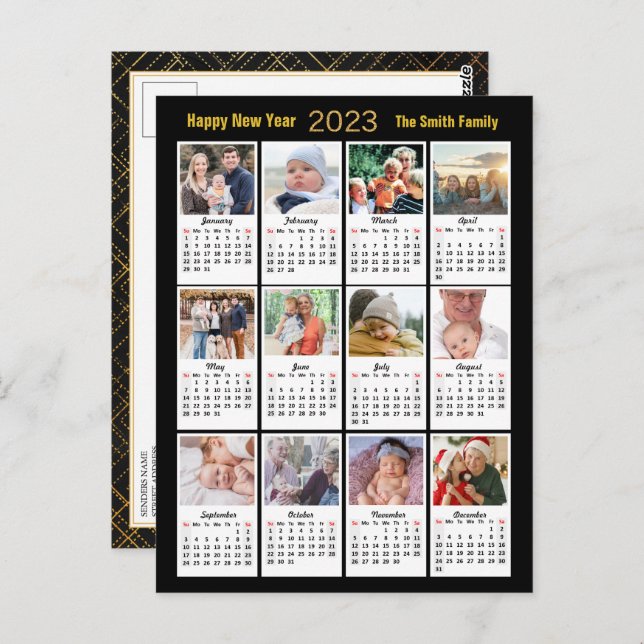 2023 Calendar 12 Photo Modern Family Guld-skript Vykort (Fram/baksida)