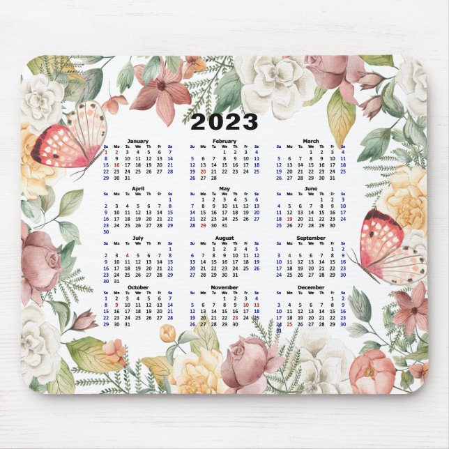 2023 Calendar Anpassningsbar Blommigt Ro Rosa Butt Musmatta (Framsidan)