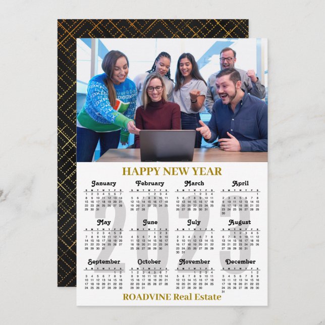 2023 Calendar Business Modern Guld Black Script Julkort (Fram/baksida)