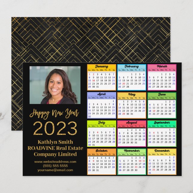 2023 Calendar Business Modern Guld-skript - foto Julkort (Fram/baksida)