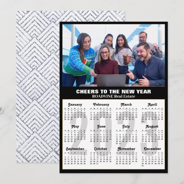2023 Calendar Business Photo Modern Black Silver Julkort (Fram/baksida)