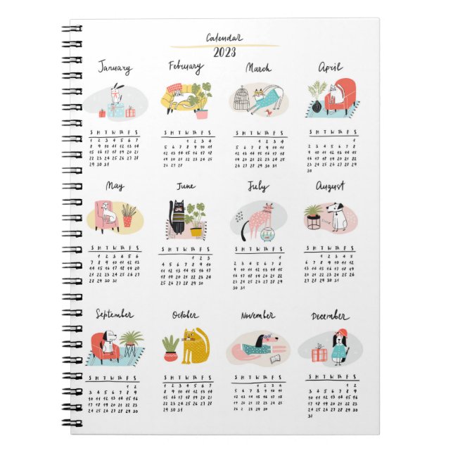 2023 Calendar Cute Tecknad Cats and Hundar Anteckningsbok (Framsidan)