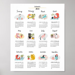 2023 Calendar Cute Tecknad Cats and Hundar Poster