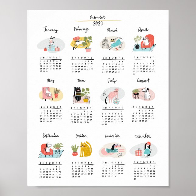 2023 Calendar Cute Tecknad Cats and Hundar Poster (Framsidan)