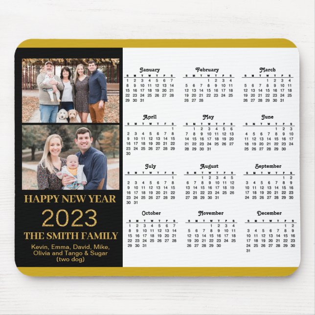 2023 Calendar Guld-skript - enkelt familjefoto Musmatta (Framsidan)