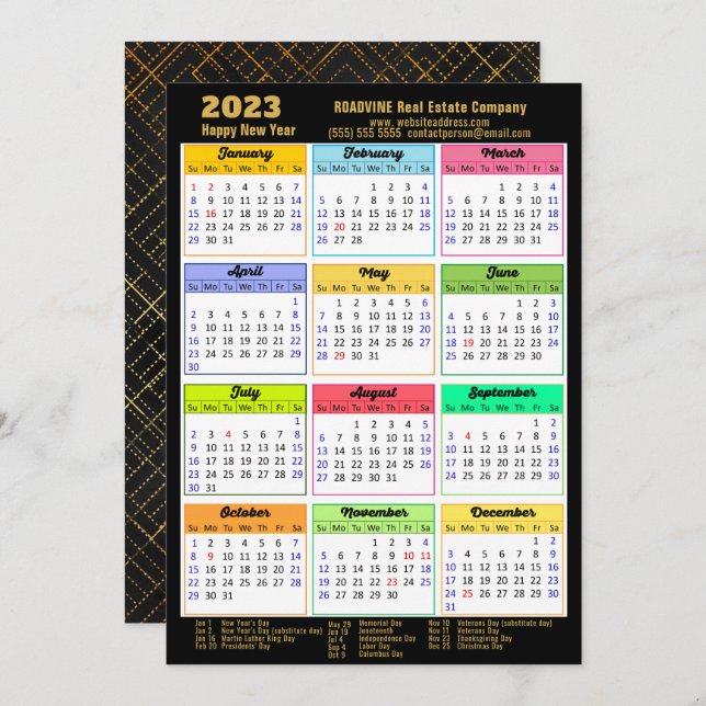 2023 Calendar Modern Black Guld Script Business Julkort (Fram/baksida)