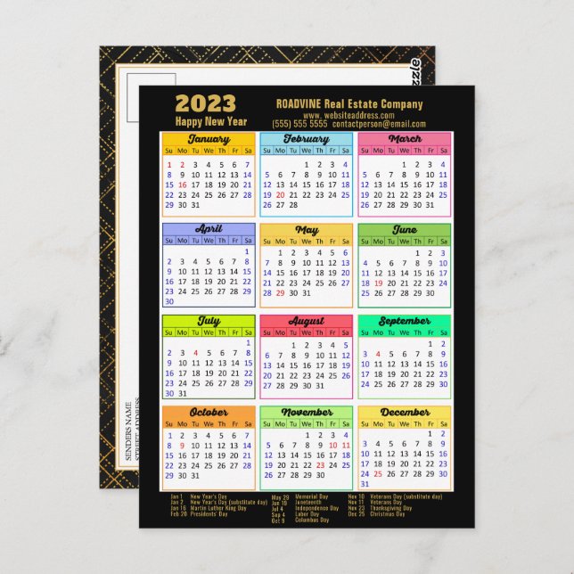2023 Calendar Modern Black Guld Script Business Vykort (Fram/baksida)