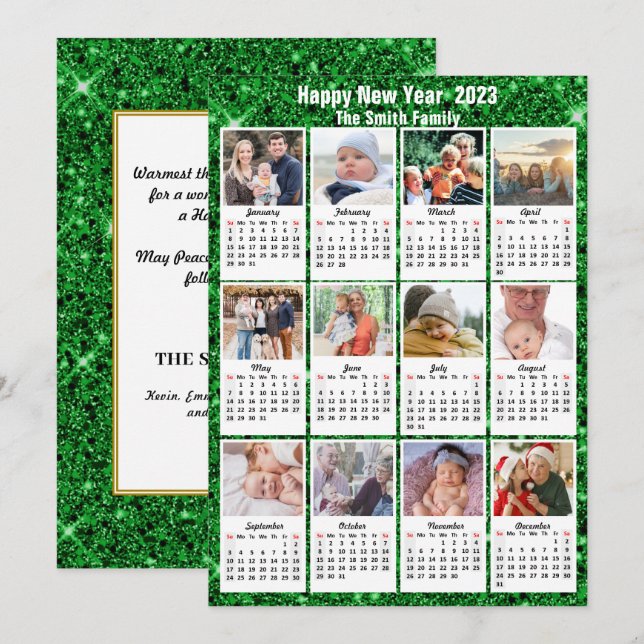 2023 Calendar Modern Family 12 Photo Grönt Glitter Julkort (Fram/baksida)