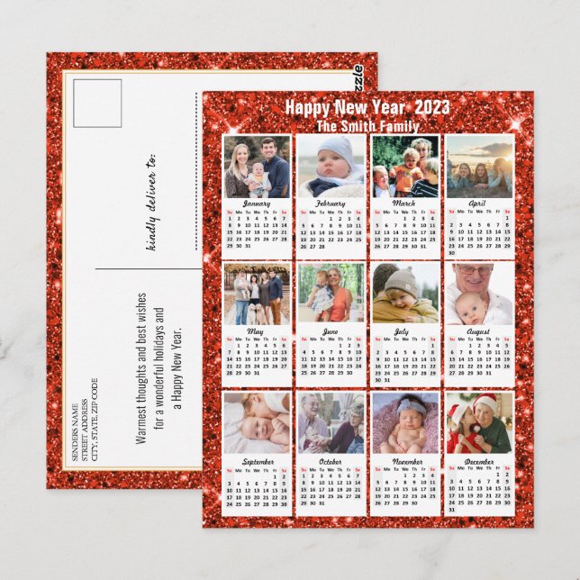 2023 Calendar Modern Family 12 Photo Red Glitter Vykort (Fram/baksida)