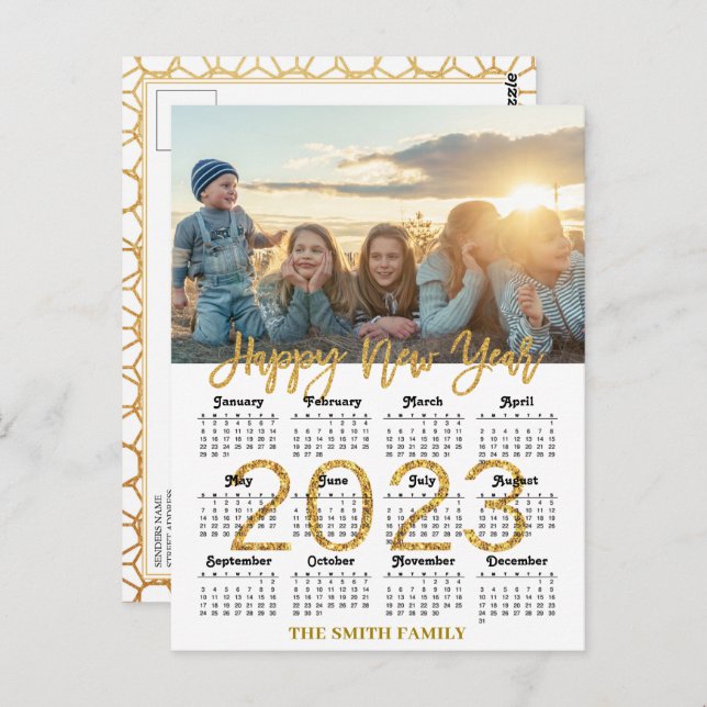 2023 Calendar Modern Guld Glitter Skriptfoto Vykort (Fram/baksida)