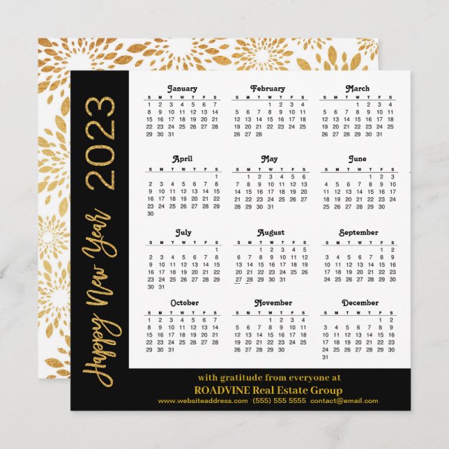 2023 Calendar Modern Guld-skript på Black Business Julkort (Fram/baksida)