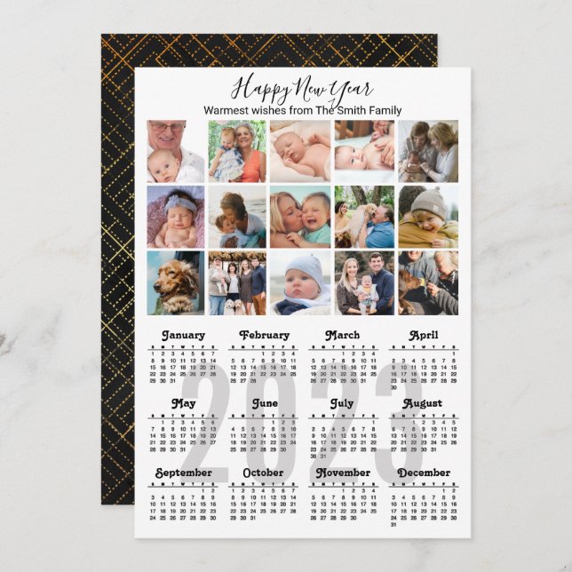 2023 Calendar Multi Photo Cute Script Modern Black Julkort (Fram/baksida)