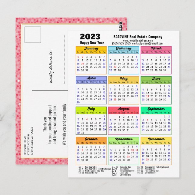 2023 Calendar Rosa Glitter Modern Script Business Vykort (Fram/baksida)