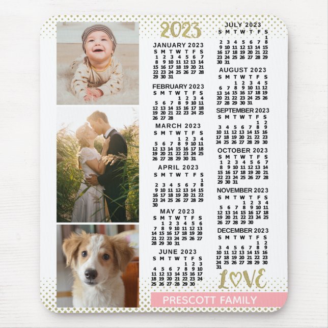 2023 Calendar  Rosa Guld Family Photo Collage Musmatta (Framsidan)