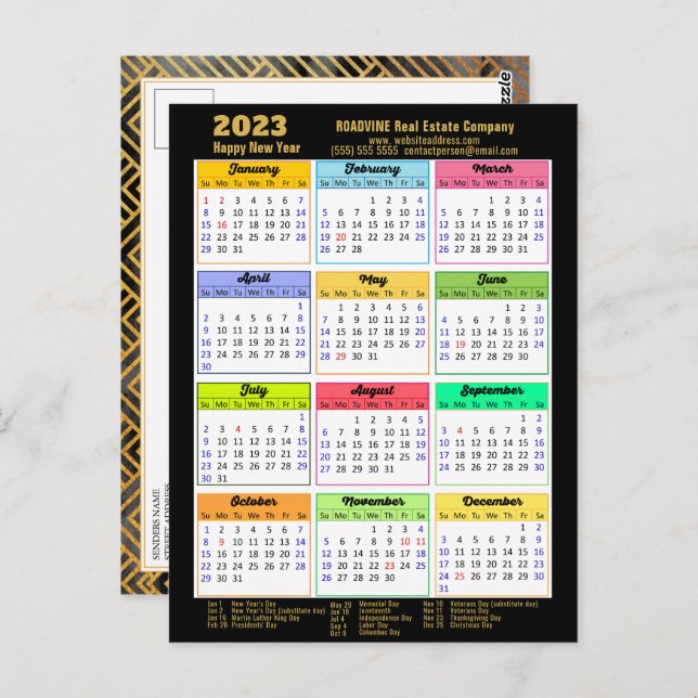 2023 Corporate Black Guld Script Modern Calendar Vykort (Fram/baksida)