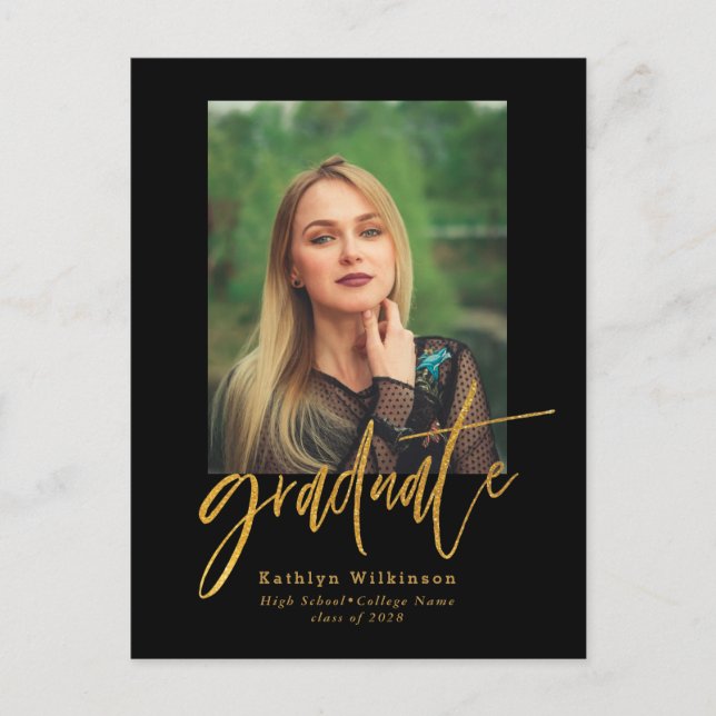 2023 Elegant guld svart skript foto examen Meddelande Vykort (Framsida)