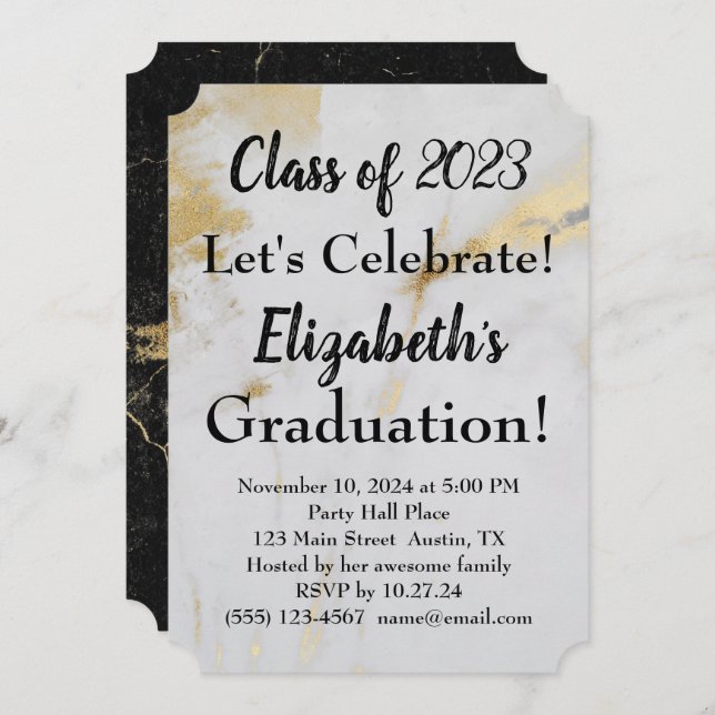 2023 Grått Marble Studenten med svart text Inbjudningar (Fram/baksida)