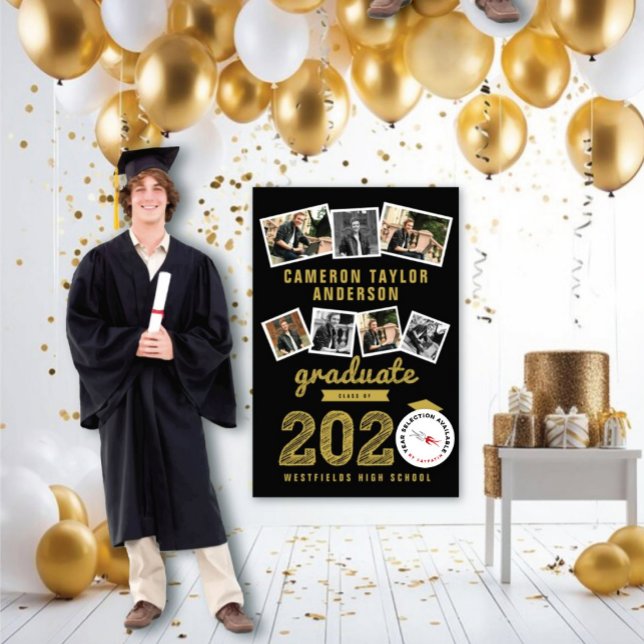 2023 Guld Sketch Grad 7 Photo Collage Studenten Poster (20YY Black And Gold Sketch 7 Photo Modern Graduation Party Poster @ www.zazzle.com/color_therapy)