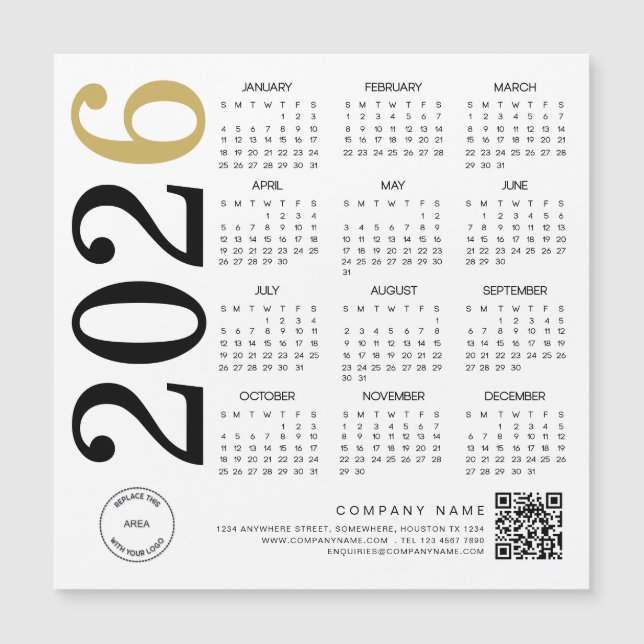 2023 Guld White Calendar Logotyp QR Code Business (Framsida)