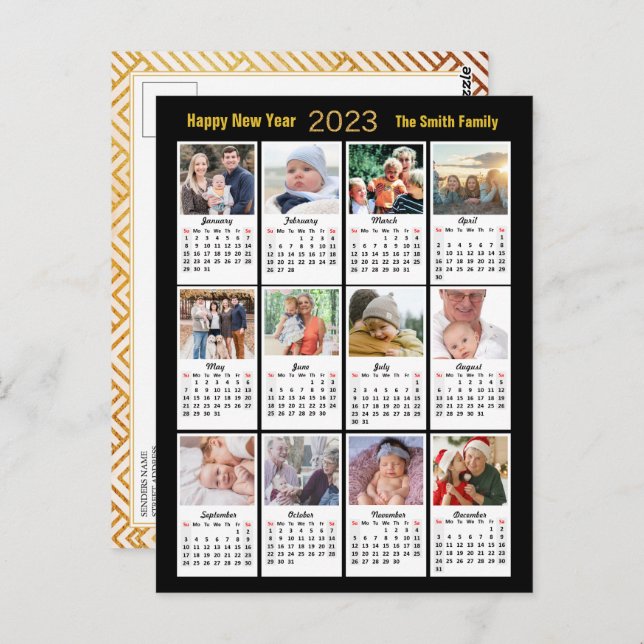 2023 Guldskrift Modern familj 12-foto-kalender Vykort (Fram/baksida)