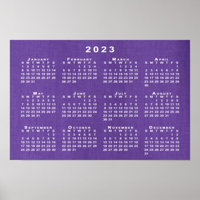 2023 Kalendarium på lila linnetextur Foto Poster (Framsidan)