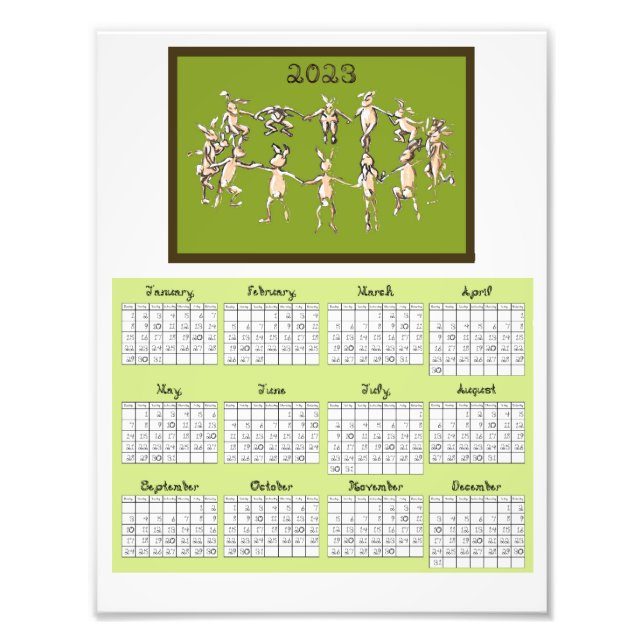 2023 Kalender Fabric Font Rabbits Dancing Fototryck (Framsidan)