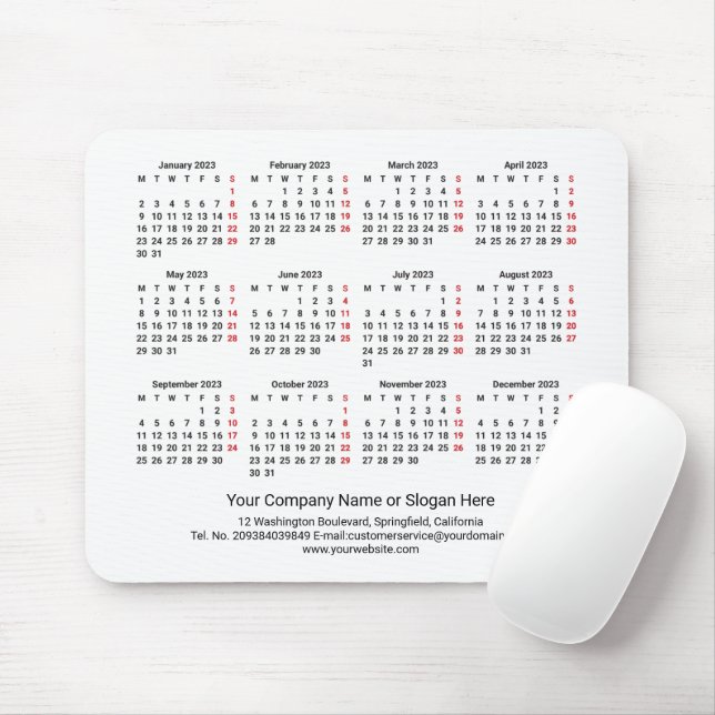 2023 Kalender MÅNDAG BÖRJA Vit minimalistisk Musmatta (Med mus)