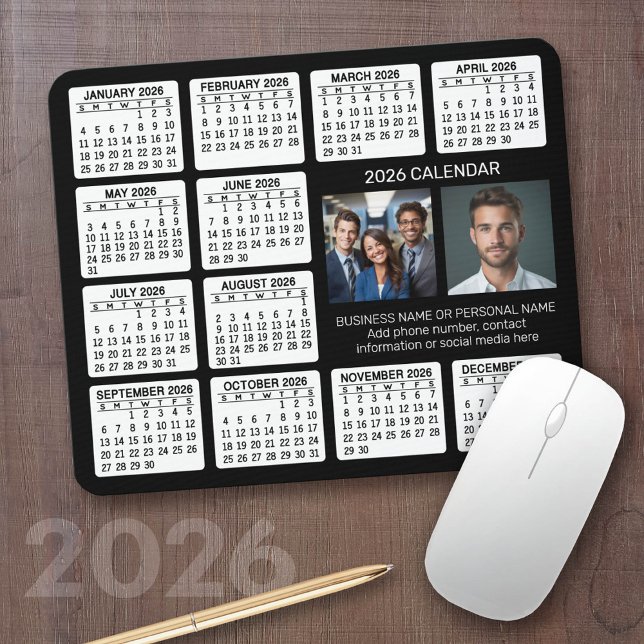 2023 Kalender med 2 foton och text - svart vitt Musmatta (2026 Calendar with a Photo Collage on a Mousepad)