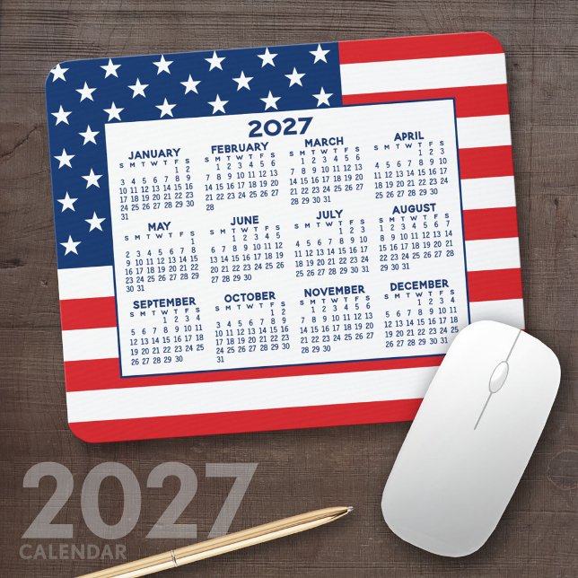2023 Kalender med amerikansk Flagga - Rött vitt bl Musmatta (2027 Calendar Mousepad)